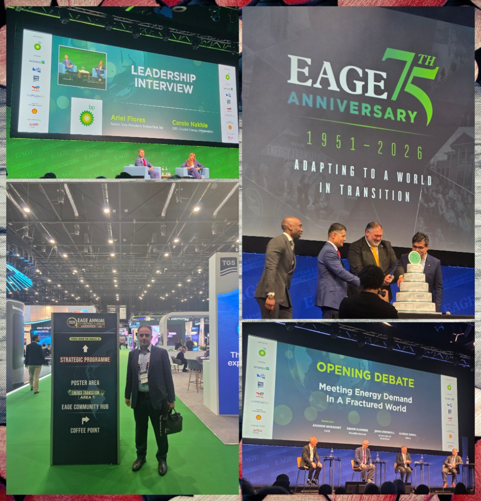 At EAGE Annual 2026, P&J Live, Aberdeen. The bp Leadership Interview with Ariel Flores and Carole Nakhle (top left), the EAGE 75th anniversary moment (top right), at the Strategic Programme signposts (bottom left), and the Opening Debate on meeting energy demand in a fractured world (bottom right).